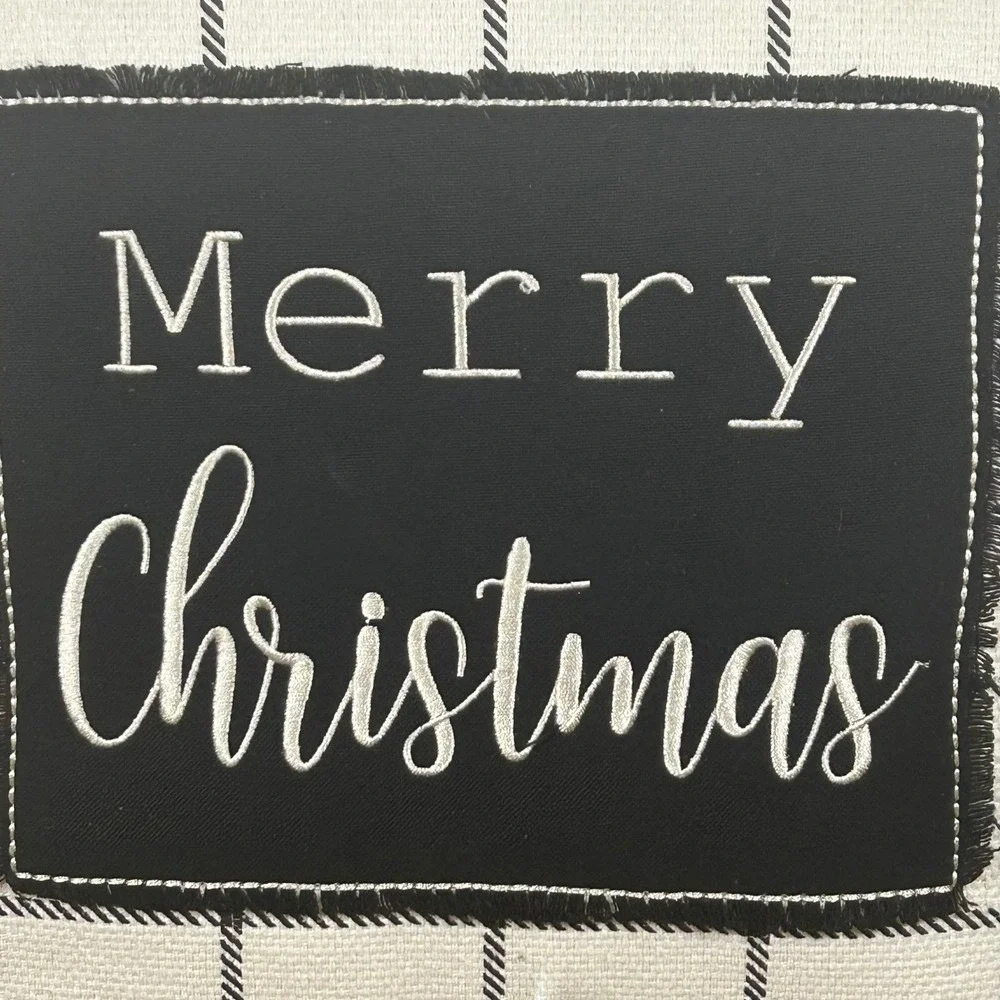 Merry Christmas Black and Cream Plaid Decorative Throw Pillow with Tassels 18x18